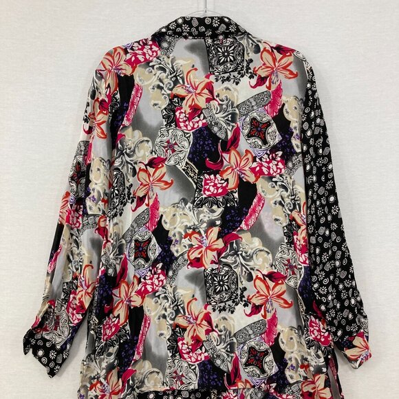 KOOS Of Course! Black Pink Floral Pure Silk Artsy BloomCore Button Down Tunic 1X - Picture 11 of 11